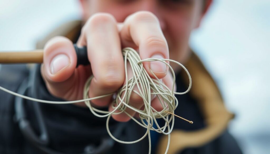 A closeup view of an angler's hand holding a fishing rig with the line tangled in knots, creating a "Fehler beim Senken" or "Error in Casting" scenario. The scene is captured in natural lighting, with a slightly blurred background to emphasize the tangled line. The angler's expression conveys a sense of frustration and the need to carefully untangle the rig. The overall tone is one of a common, relatable problem that anglers often face, presented in a realistic and detailed manner.