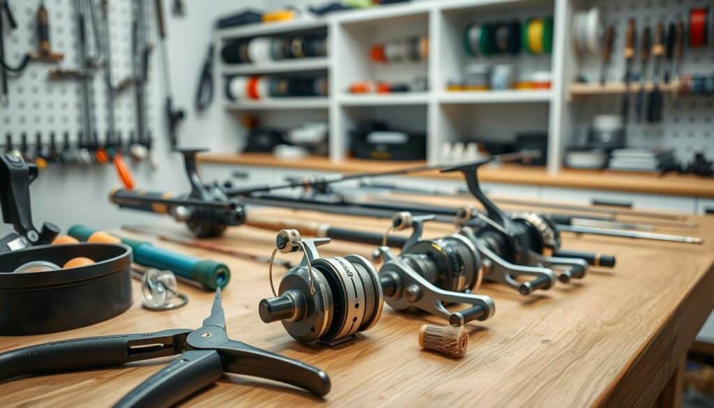 A well-organized workbench with various fishing tackle and tools neatly arranged. In the foreground, a pair of pliers, a line cutter, and a small brush for cleaning reels. In the middle ground, several fishing rods and reels undergoing thorough inspection and maintenance. The background features a clean, well-lit workspace with shelves displaying spools of fishing line, lures, and other specialized equipment. The lighting is soft and diffused, creating a calming, professional atmosphere. The overall scene conveys a sense of care and attention to detail in preserving the functionality and longevity of the angler's valuable gear.
